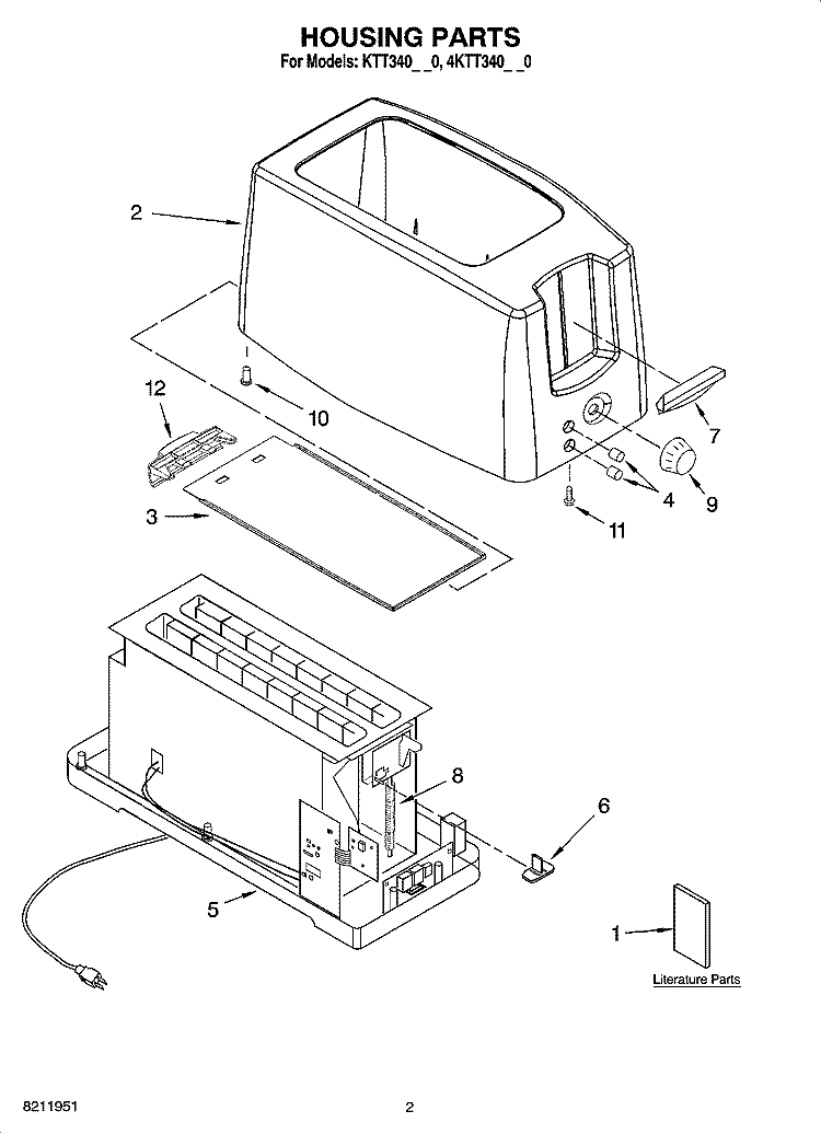 HOUSING PARTS Diagram and Parts List for 4KTT340WH0  KitchenAid Toaster