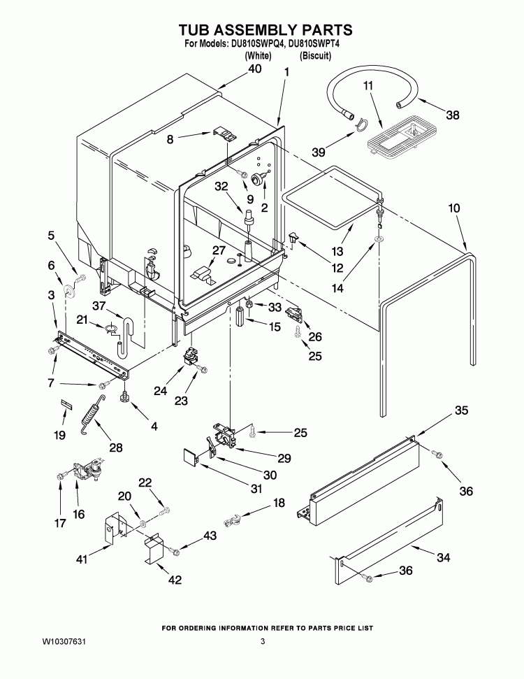 TUB ASSEMBLY PARTS Diagram and Parts List for DU810SWPQ4  Whirlpool Dishwasher