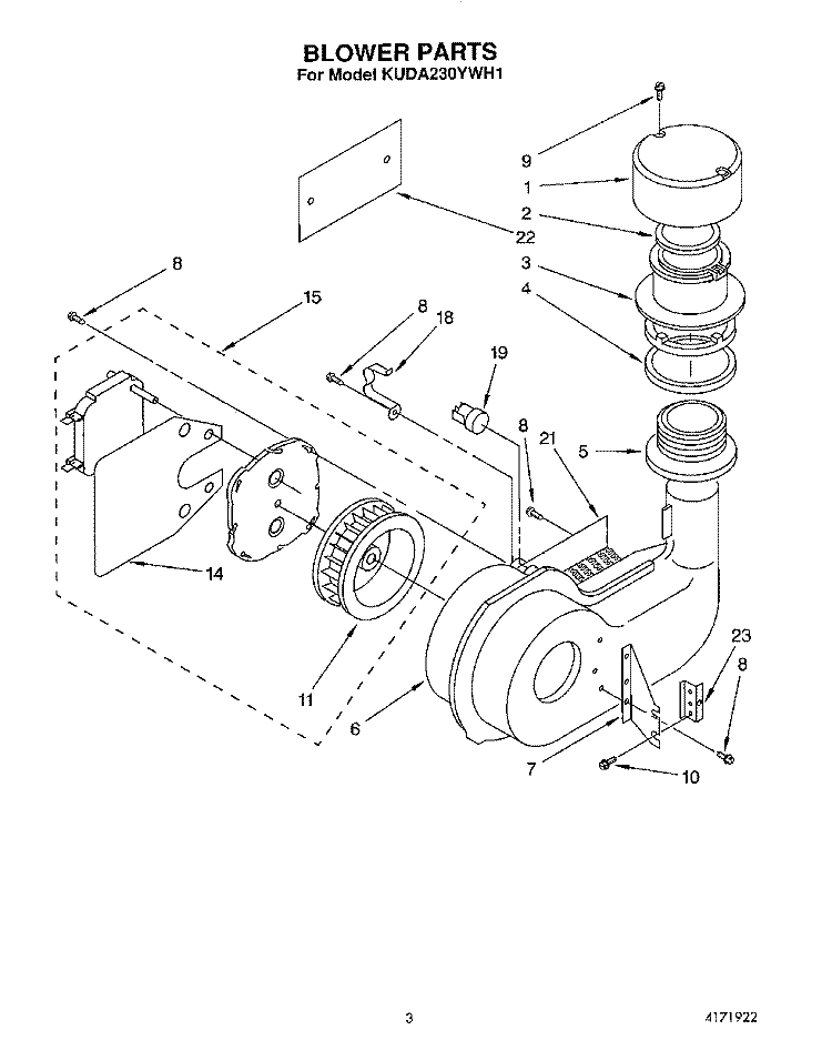 BLOWER Diagram and Parts List for KUDA230YWH1  KitchenAid Dishwasher