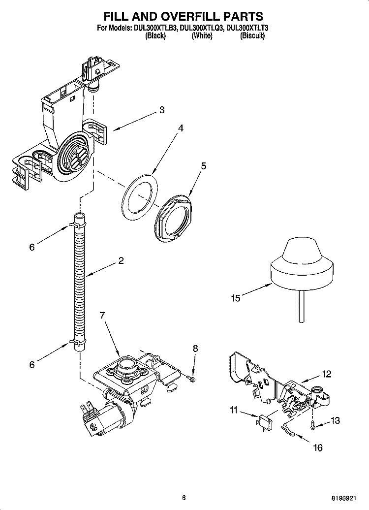 FILL AND OVERFILL PARTS Diagram and Parts List for DUL300XTLT3  Whirlpool Dishwasher