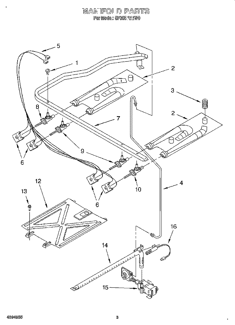 MANIFOLD Diagram and Parts List for SF305PEEN0  Whirlpool Range
