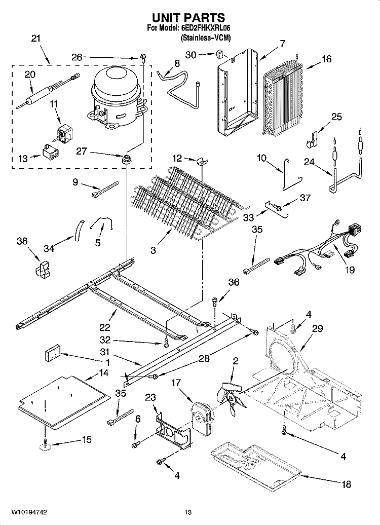 UNIT PARTS, OPTIONAL PARTS (NOT INCLUDED) Diagram and Parts List for 6ED2FHKXRL06  Whirlpool Refrigerator
