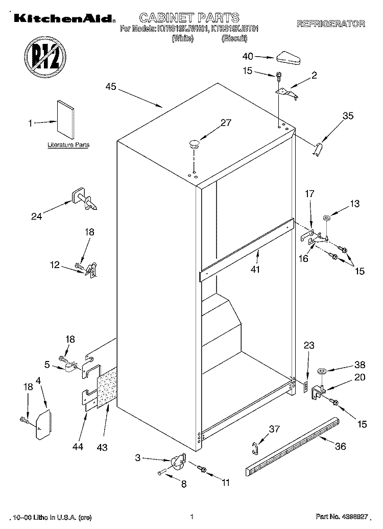 CABINET, LITERATURE Diagram and Parts List for KTRS19KJBT01  KitchenAid Refrigerator
