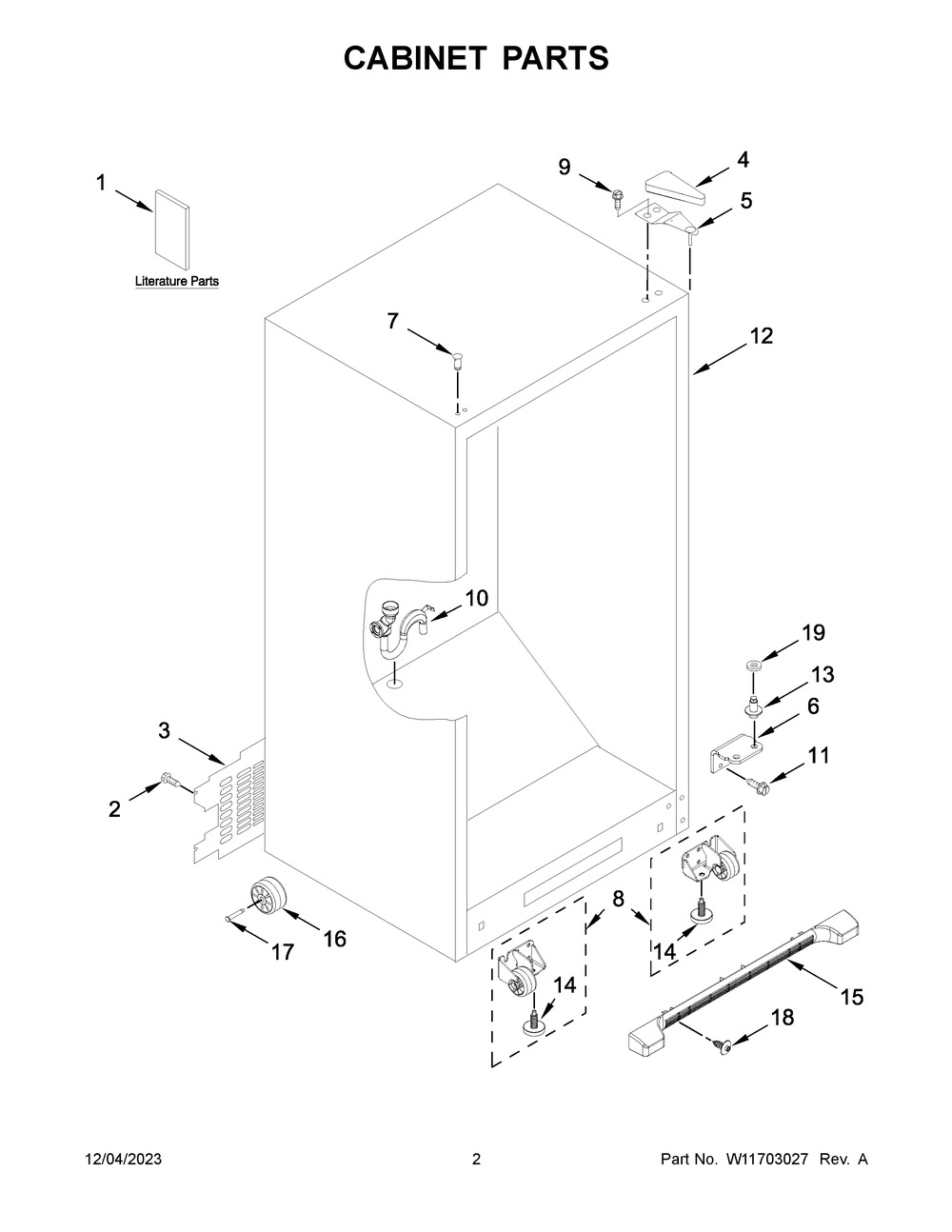 Cabinet Parts Diagram and Parts List for WSZ57L18DM08  Whirlpool Freezer