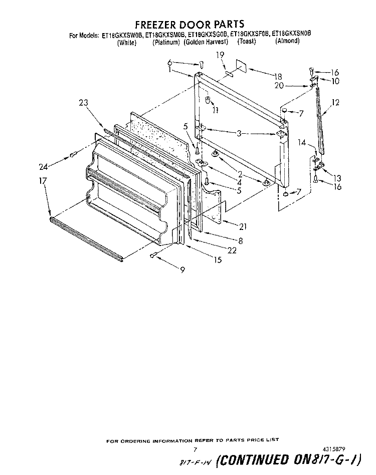 FREEZER DOOR Diagram and Parts List for ET18GKXSW0B  Whirlpool Refrigerator