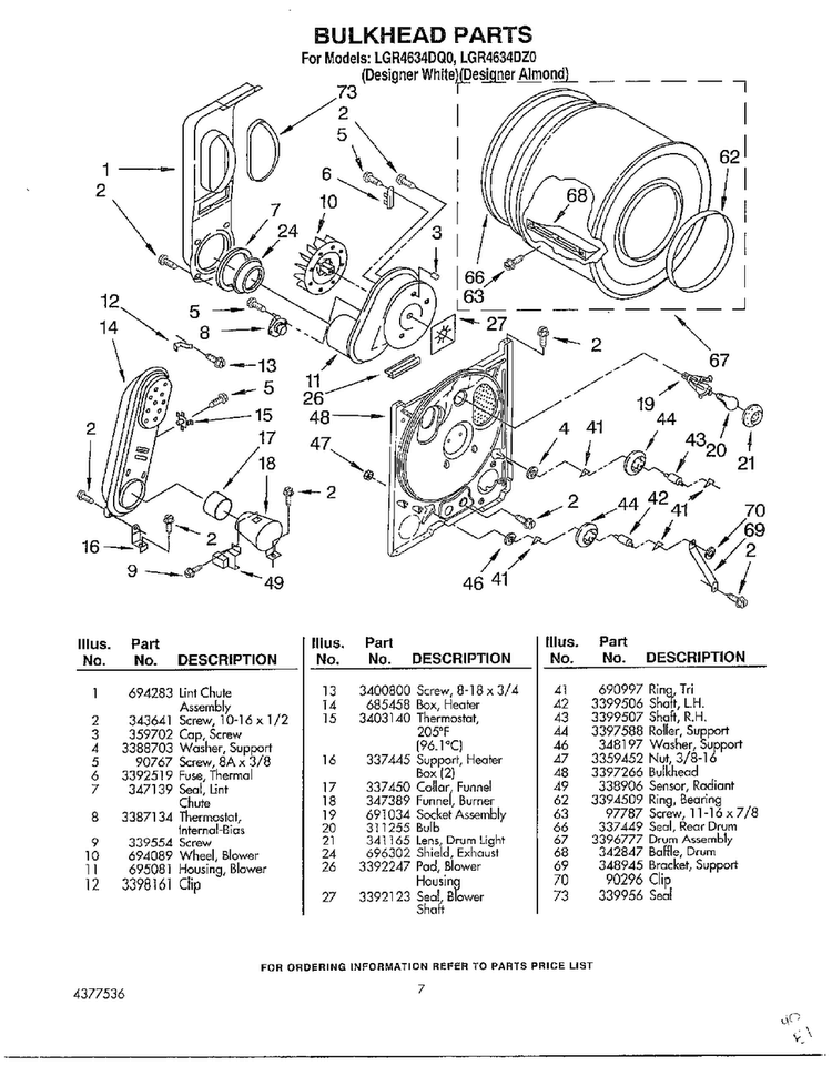 Bulkhead Parts Diagram and Parts List for LGR4634DQO  Whirlpool Dryer