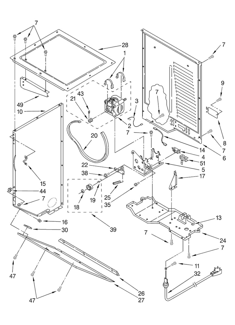 Dryer Cabinet And Motor Parts Diagram and Parts List for 11097842700  Kenmore Washer Dryer Combo