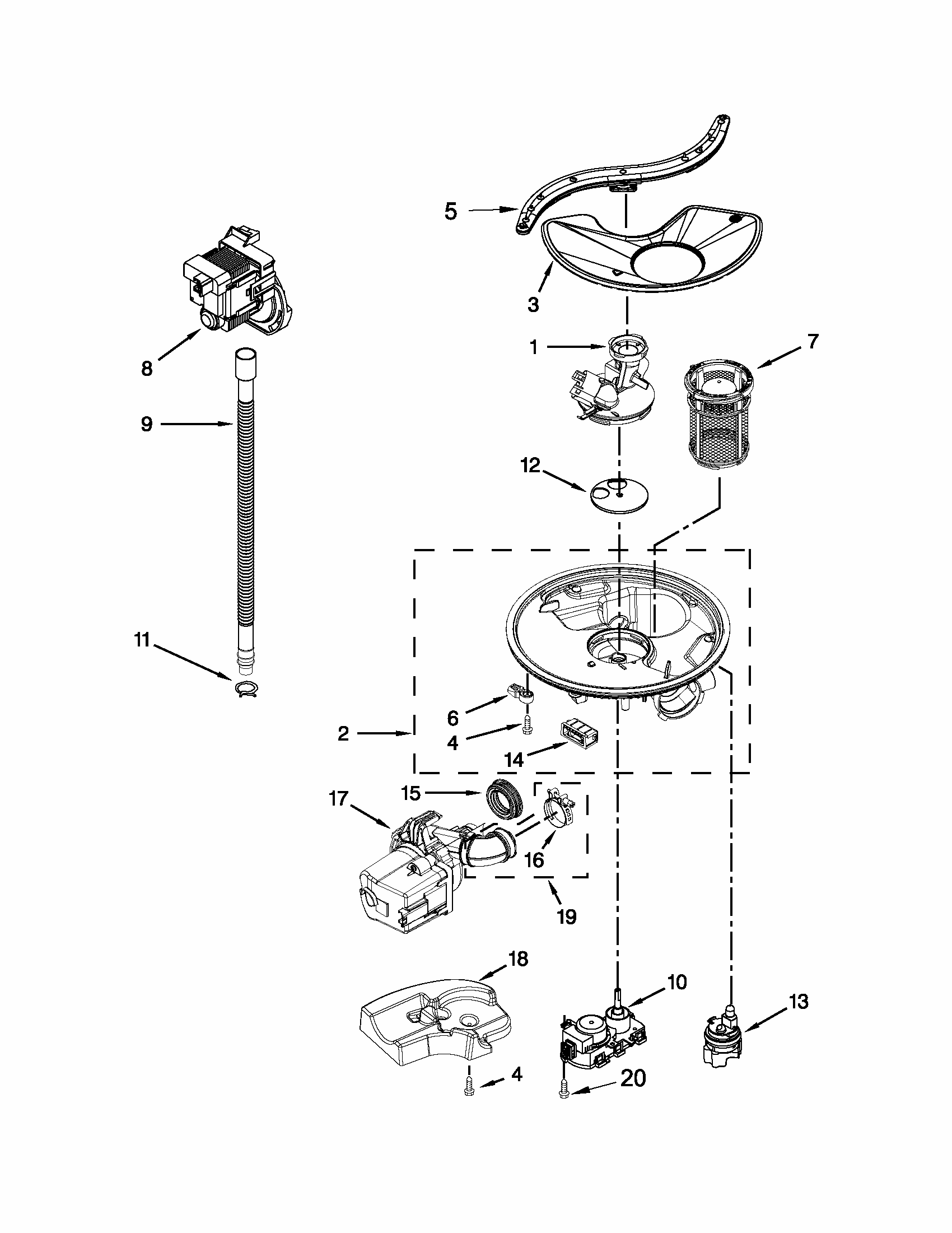 Pump, Washarm And Motor Parts Diagram and Parts List for 66515699K212  Kenmore Dishwasher