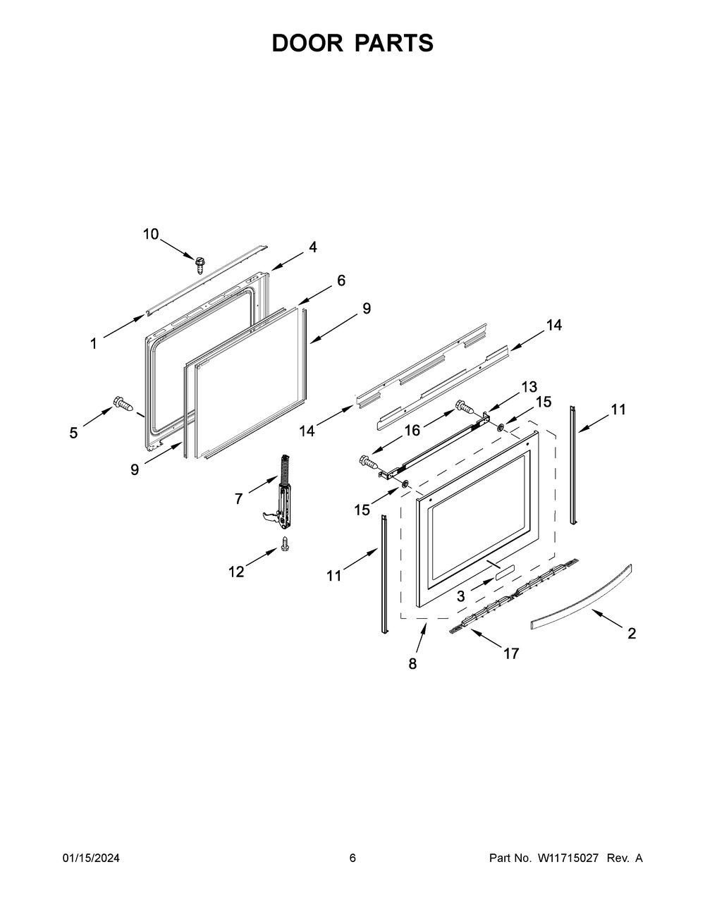 Door Parts Diagram and Parts List for WEE750H0HV5  Whirlpool Range