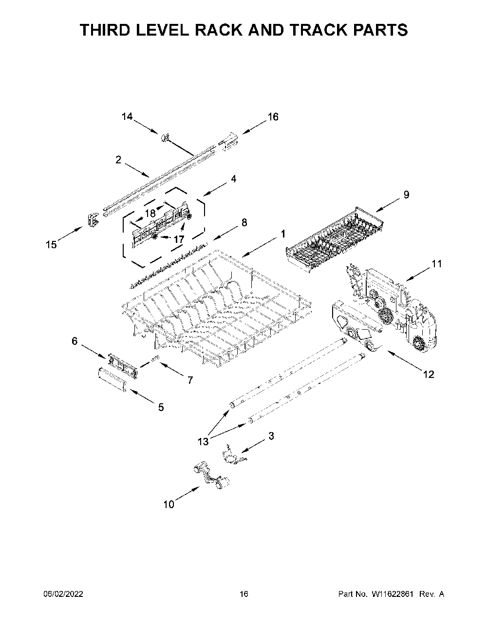 Third Level Rack And Track Parts Diagram and Parts List for KDFM404KBS1  KitchenAid Dishwasher