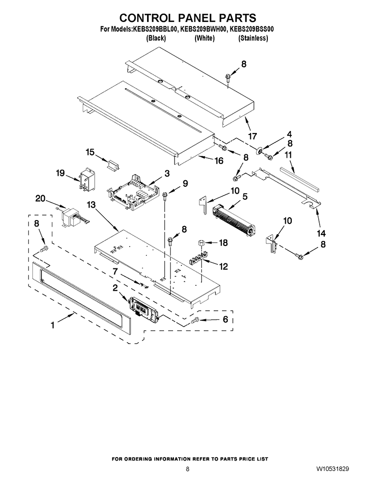 CONTROL PANEL PARTS Diagram and Parts List for KEBS209BWH00  KitchenAid Wall Oven