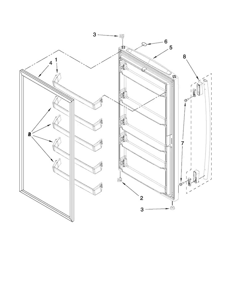 Door Parts Diagram and Parts List for EV161NZTQ02  Whirlpool Freezer