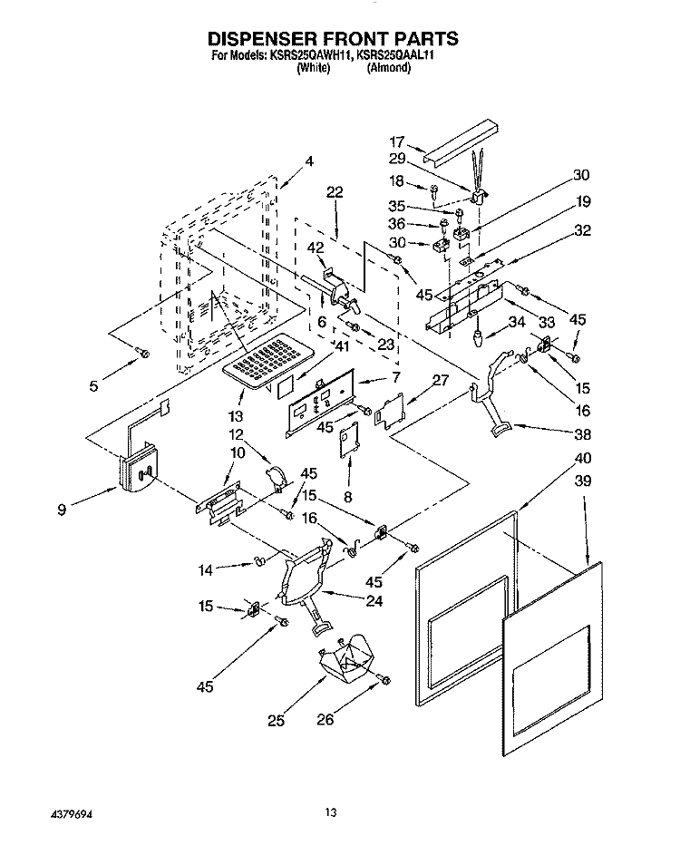 DISPENSER FRONT Diagram and Parts List for KSRS25QAAL11  KitchenAid Refrigerator