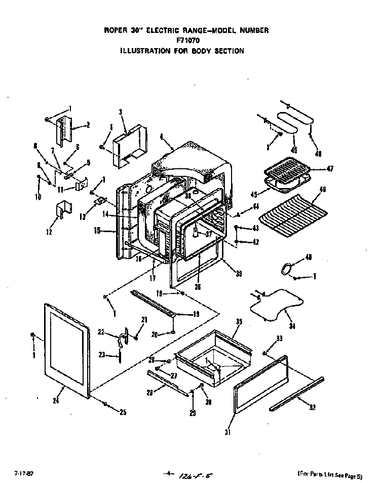 Body Section Diagram and Parts List for F7107*0  Roper Range