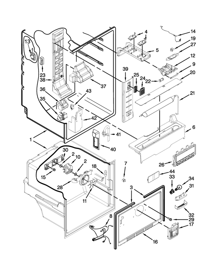 Liner Parts Diagram and Parts List for KFFS20EYWH01  KitchenAid Refrigerator