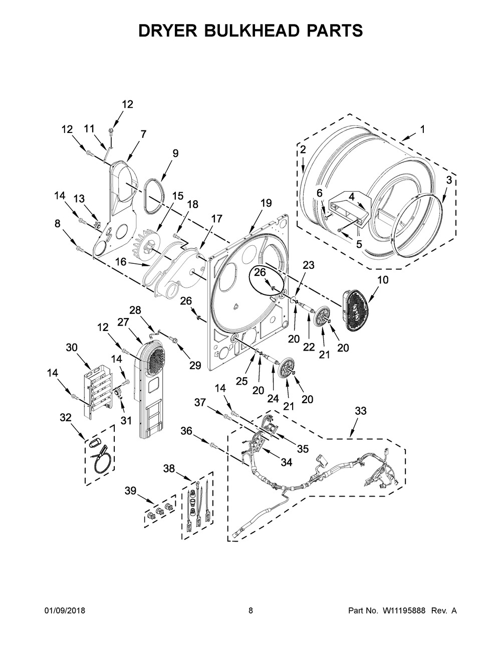 Dryer Bulkhead Parts Diagram and Parts List for WET4024HW0  Whirlpool Washer Dryer Combo
