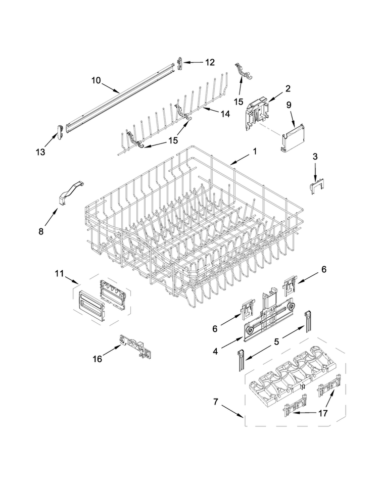Upper Rack And Track Parts Diagram and Parts List for KDFE454CSS3  KitchenAid Dishwasher