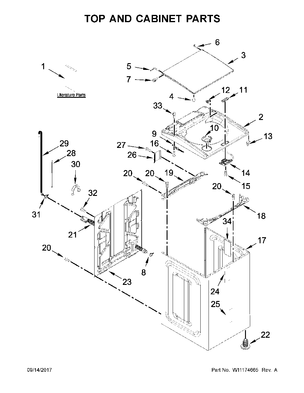 Top and cabinet parts Diagram and Parts List for 11029133413  Kenmore Washer