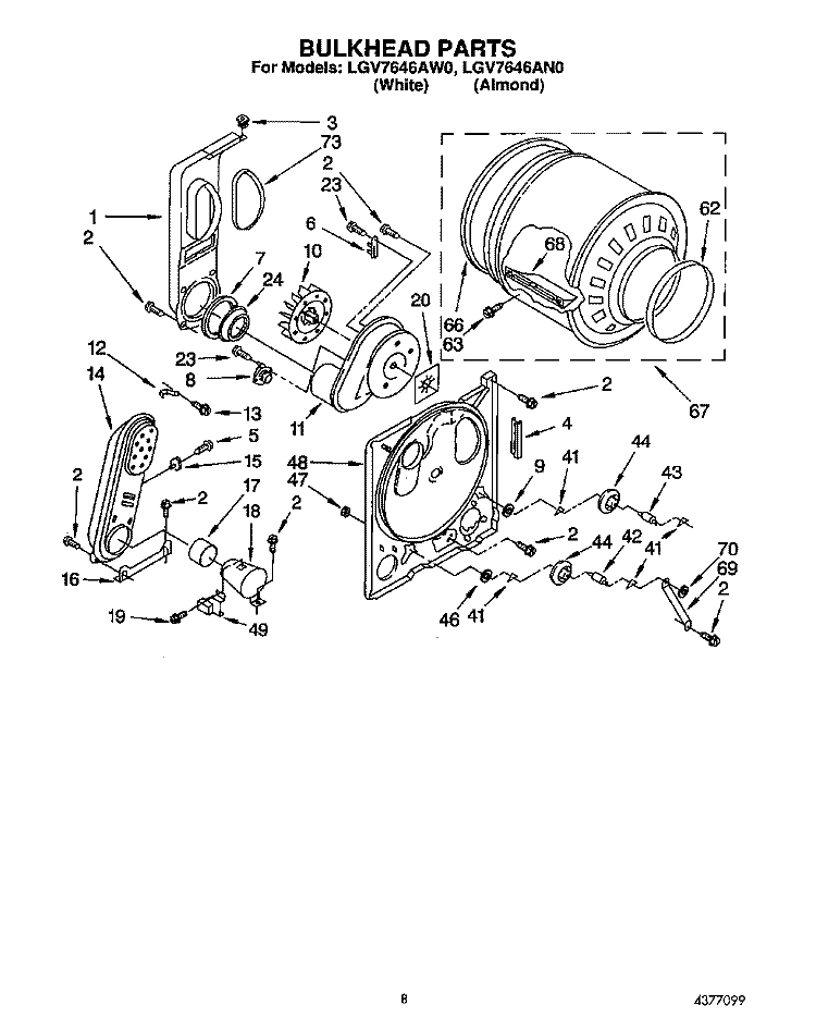BULKHEAD Diagram and Parts List for LGV7646AN0  Whirlpool Dryer