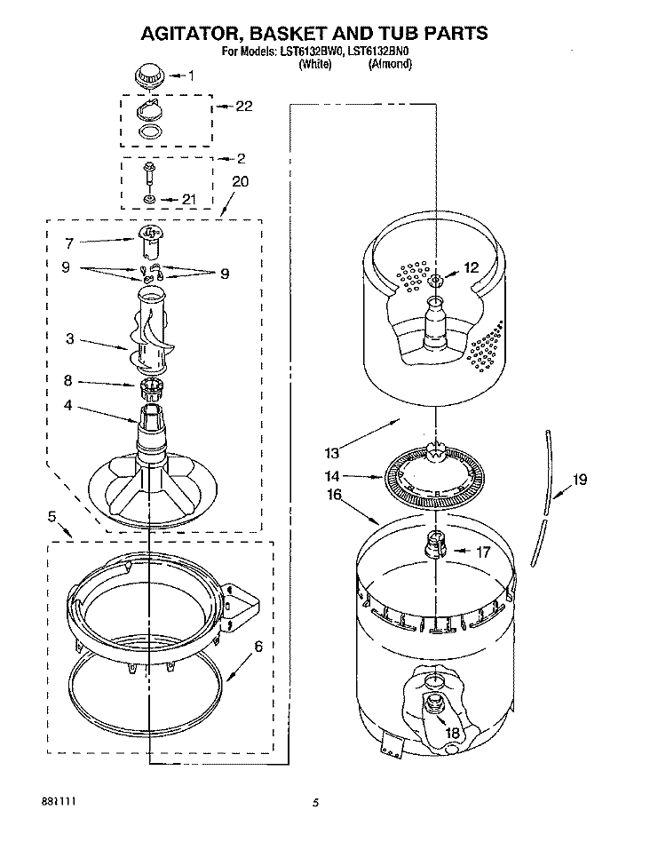 AGITATOR, BASKET AND TUB Diagram and Parts List for LST6132BW0  Whirlpool Washer