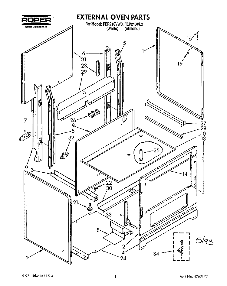 EXTERNAL OVEN, LIT/OPTIONAL Diagram and Parts List for FEP210VL3  Roper Range