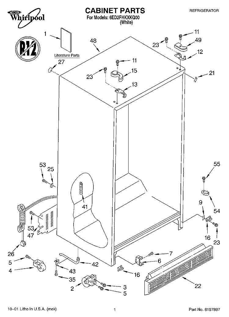 CABINET, LITERATURE Diagram and Parts List for 6ED2FHKXKQ00  Whirlpool Refrigerator