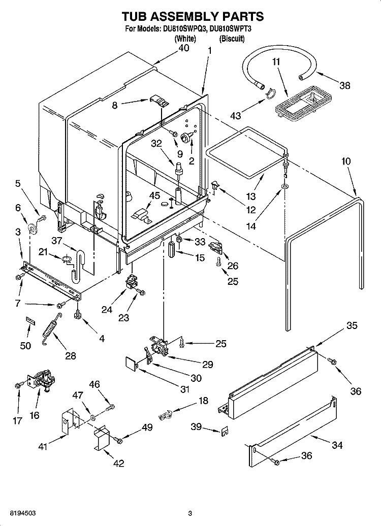 TUB ASSEMBLY PARTS Diagram and Parts List for DU810SWPT3  Whirlpool Dishwasher