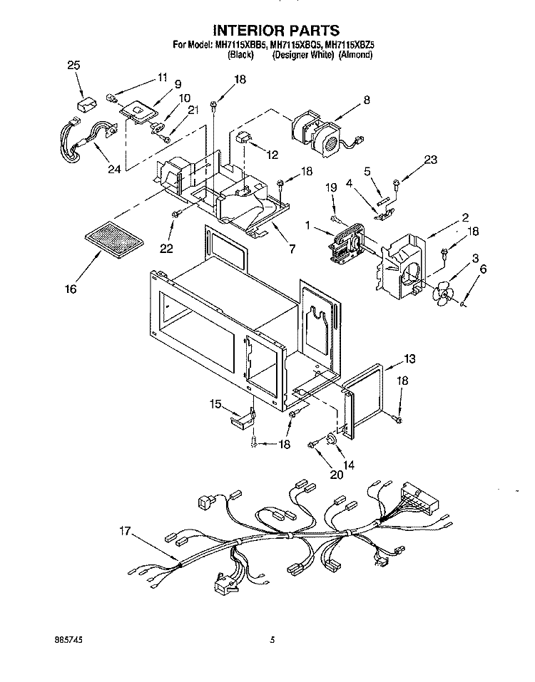 INTERIOR Diagram and Parts List for MH7115XBZ5  Whirlpool Microwave