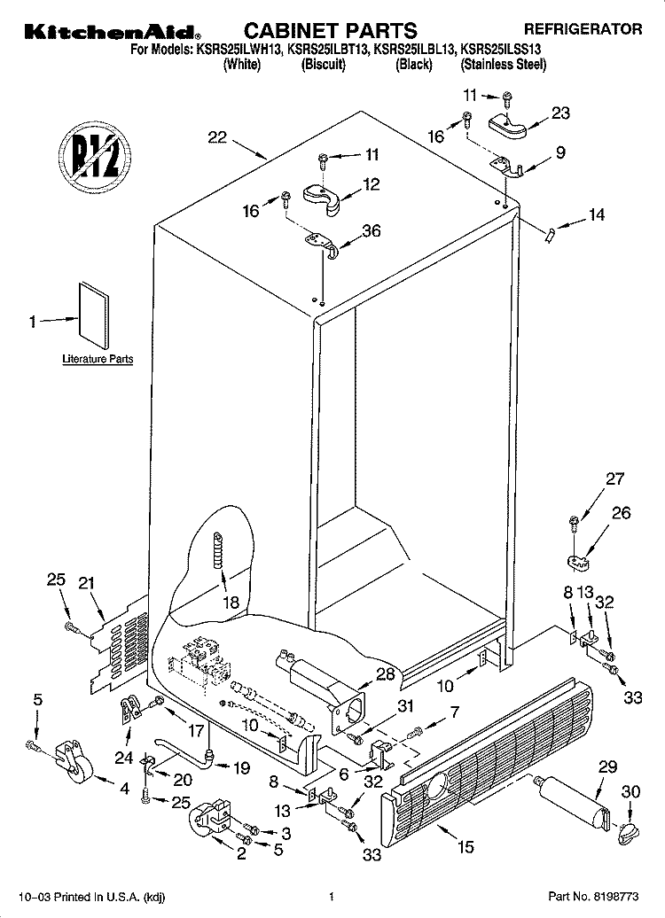 CABINET PARTS Diagram and Parts List for KSRS25ILWH13  KitchenAid Refrigerator