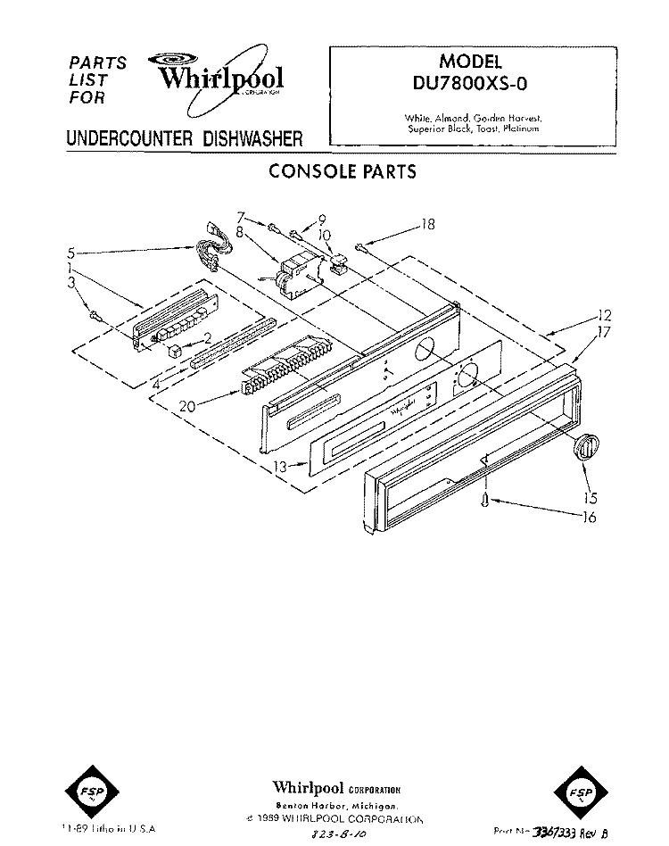 CONSOLE Diagram and Parts List for DU7800XS0  Whirlpool Dishwasher