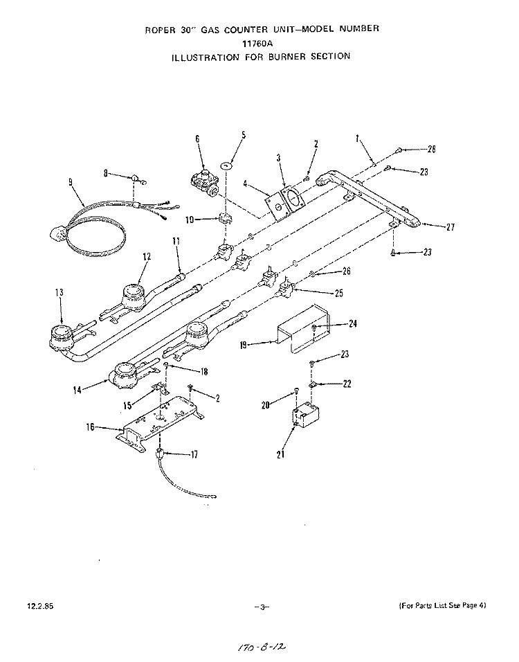SECTION Diagram and Parts List for 1176W0A  Roper Cooktop