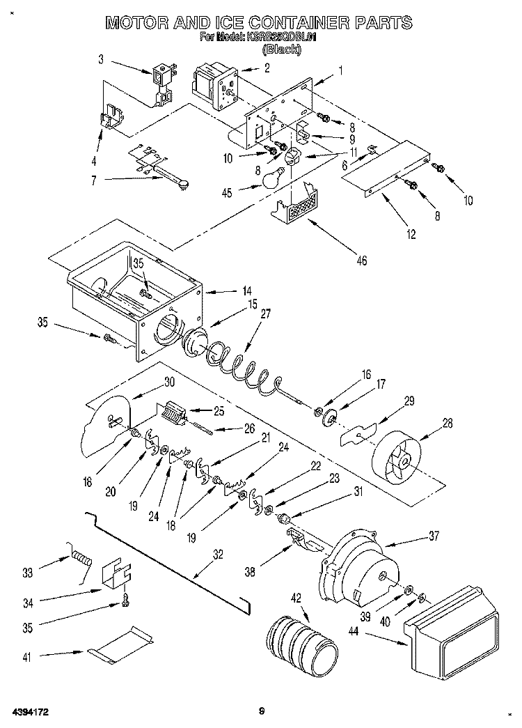 MOTOR AND ICE CONTAINER Diagram and Parts List for KSRB25QDBL01  KitchenAid Refrigerator