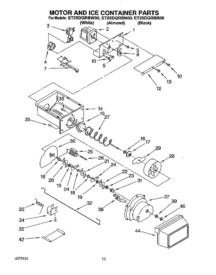MOTOR AND ICE CONTAINER Diagram and Parts List for ET25DQRBW00  Whirlpool Refrigerator