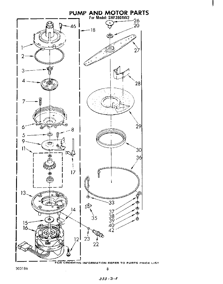 PUMP AND MOTOR Diagram and Parts List for SHF3804W2  Whirlpool Dishwasher
