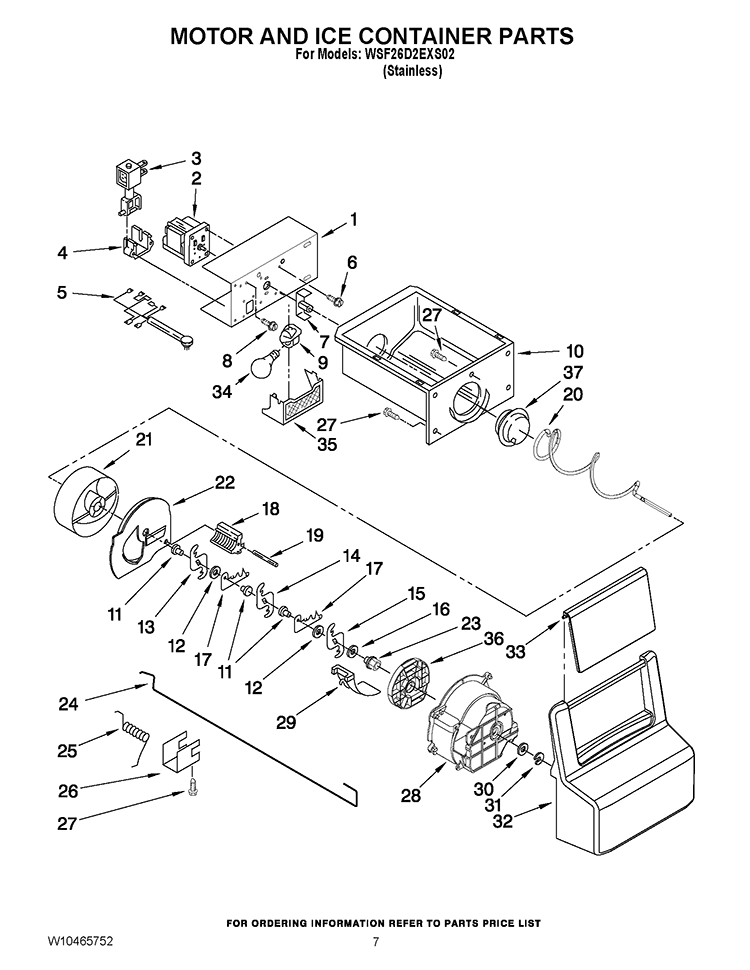 MOTOR AND ICE CONTAINER PARTS Diagram and Parts List for WSF26D2EXS02  Whirlpool Refrigerator