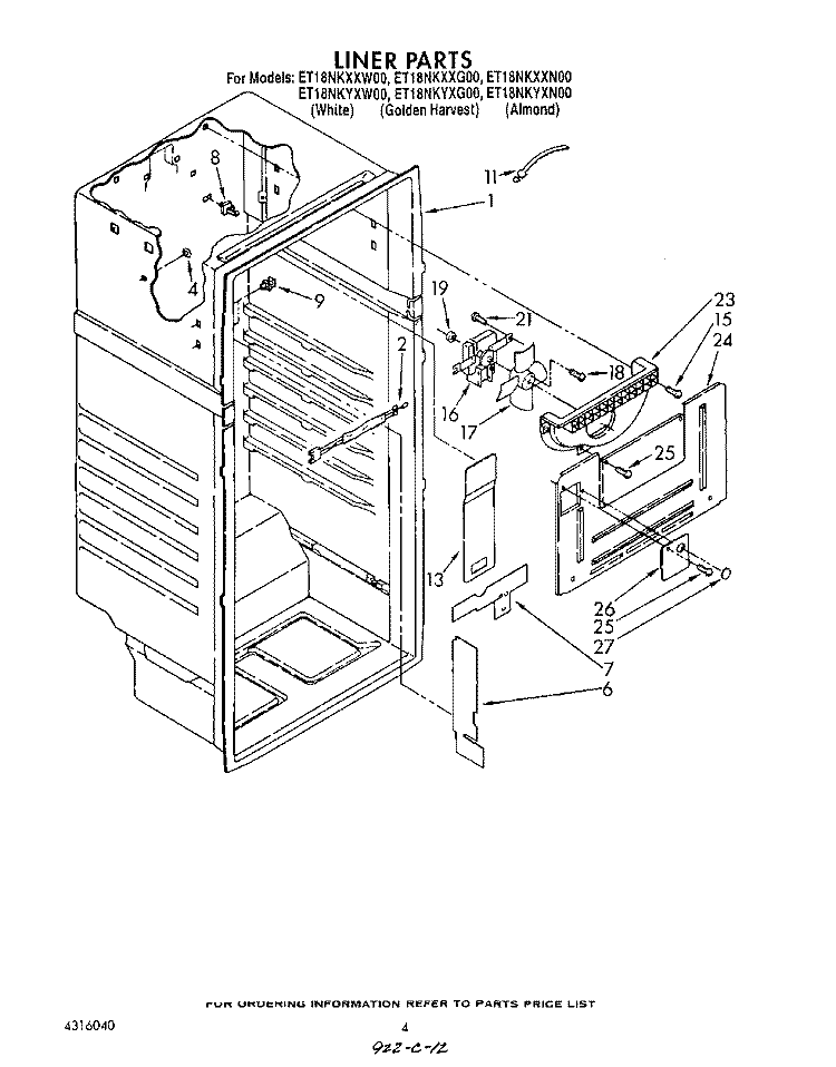 LINER Diagram and Parts List for ET18NKXXG00  Whirlpool Refrigerator