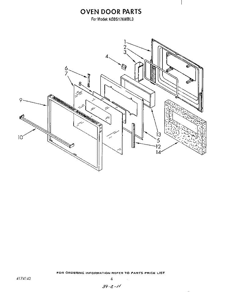 OVEN DOOR Diagram and Parts List for KEBS176WBL3  KitchenAid Wall Oven
