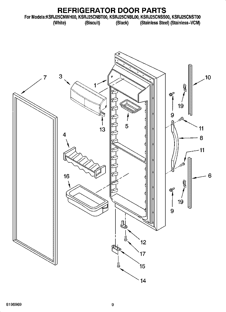 REFRIGERATOR DOOR PARTS Diagram and Parts List for KSRJ25CNBT00  KitchenAid Refrigerator