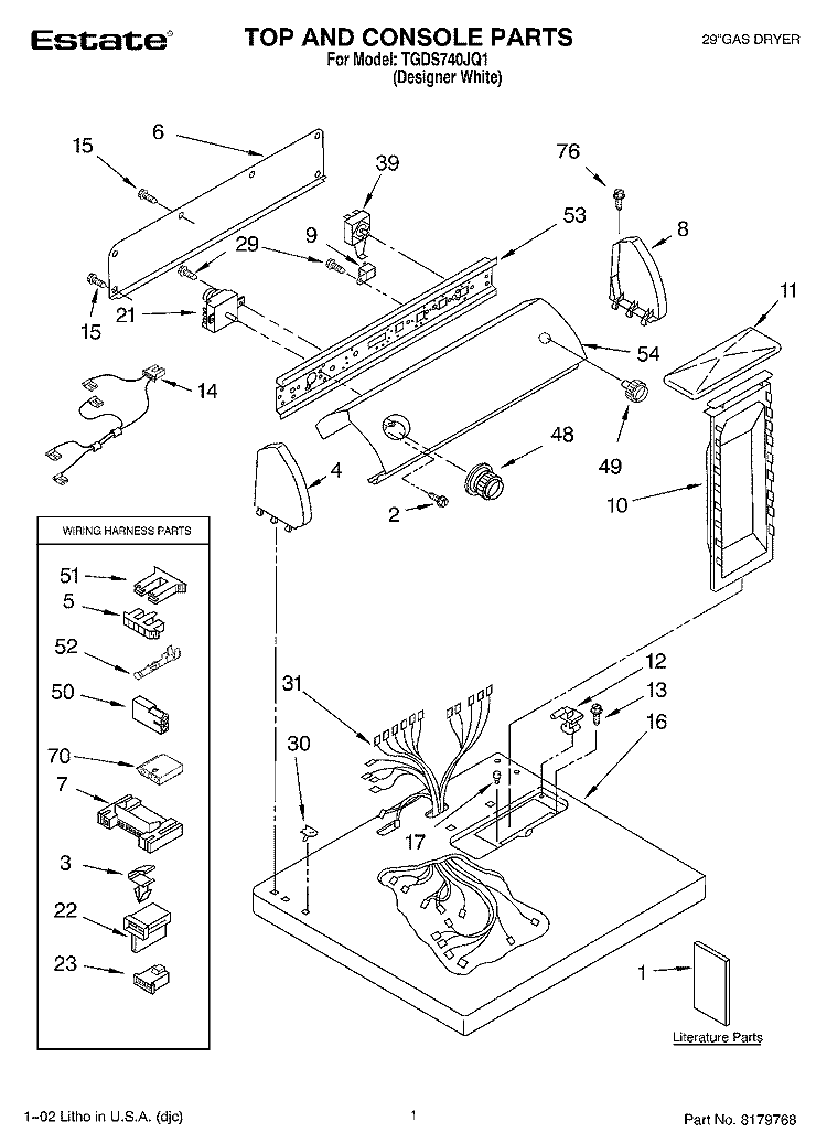 TOP AND CONSOLE, LITERATURE Diagram and Parts List for TGDS740JQ1  Estate Dryer