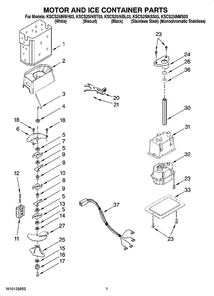 MOTOR AND ICE CONTAINER PARTS Diagram and Parts List for KSCS25INWH03  KitchenAid Refrigerator