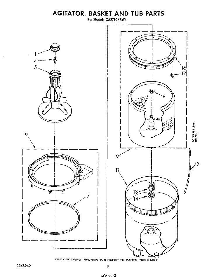 AGITATOR, BASKET AND TUB Diagram and Parts List for CA2762XSW4  Whirlpool Washer