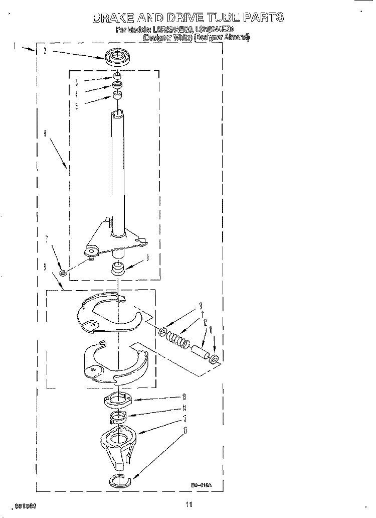 BRAKE AND DRIVE TUBE Diagram and Parts List for LSR8244EQ0  Whirlpool Washer