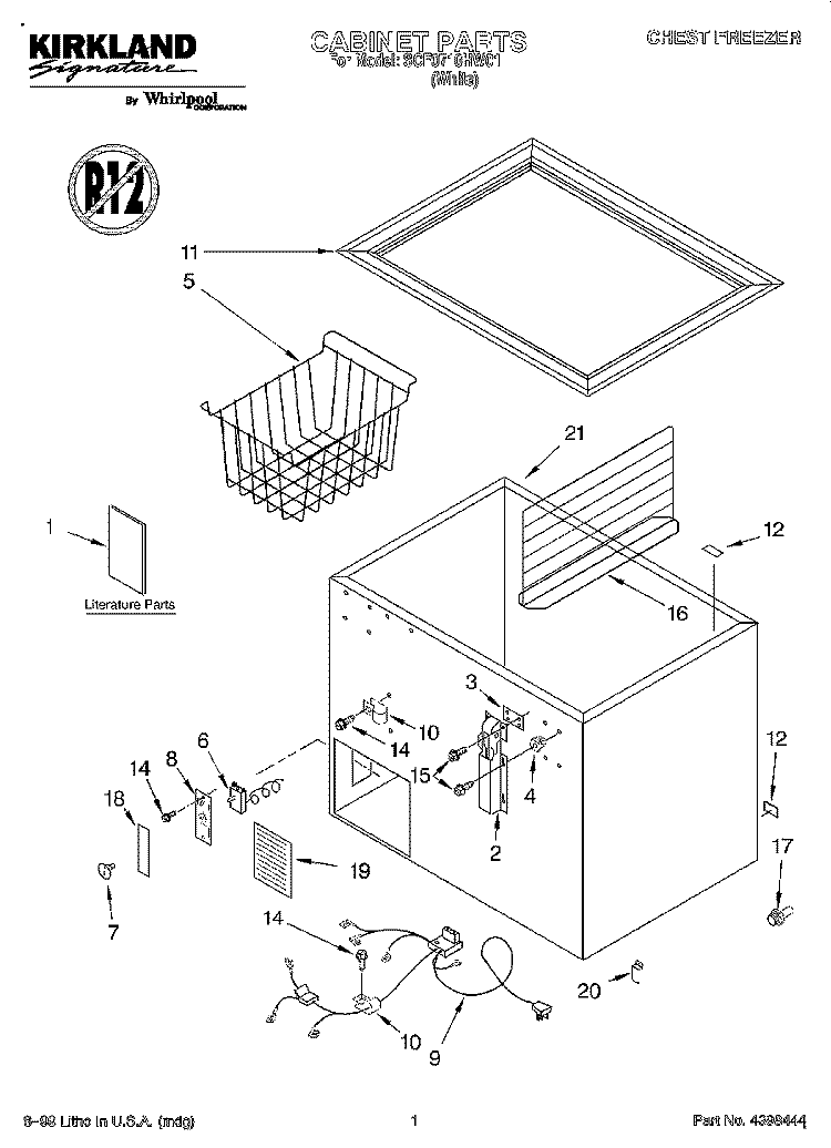 CABINET Diagram and Parts List for SCF0710HW01  Whirlpool Freezer