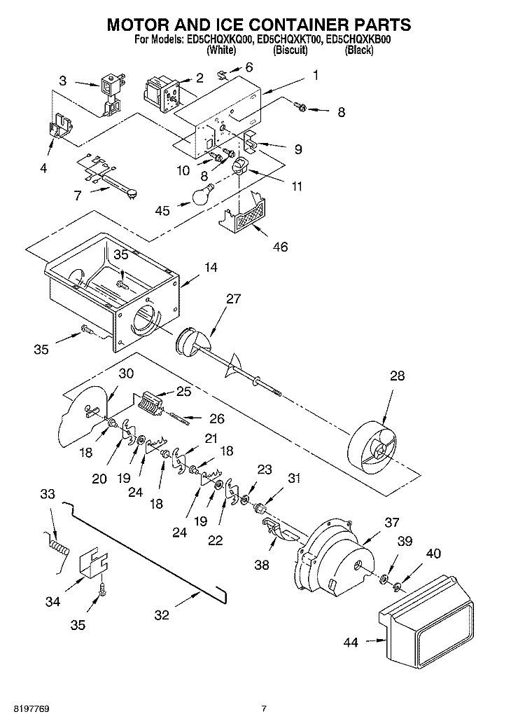 MOTOR AND ICE CONTAINER Diagram and Parts List for ED5CHQXKB00  Whirlpool Refrigerator
