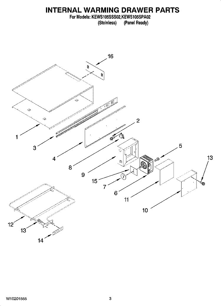INTERNAL WARMING DRAWER PARTS Diagram and Parts List for KEWS105SPA02  KitchenAid Warming Drawer