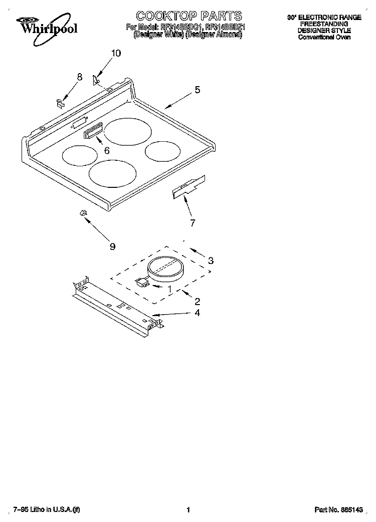 COOKTOP, LITERATURE Diagram and Parts List for RF314BBDZ1  Whirlpool Range
