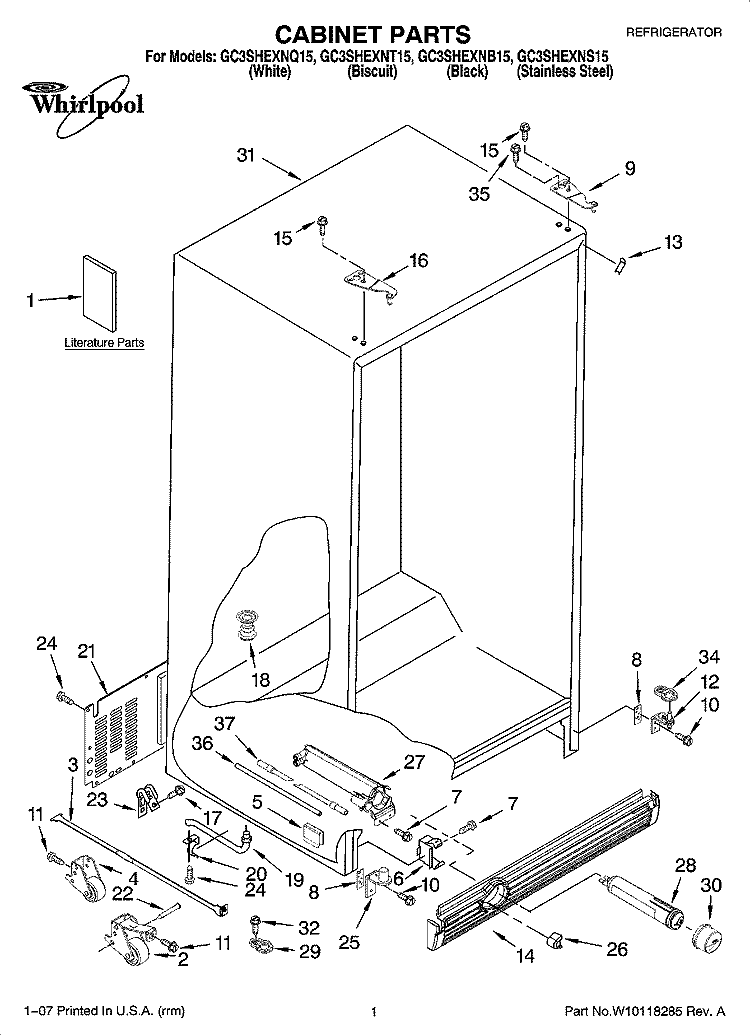 CABINET PARTS Diagram and Parts List for GC3SHEXNS15  Whirlpool Refrigerator