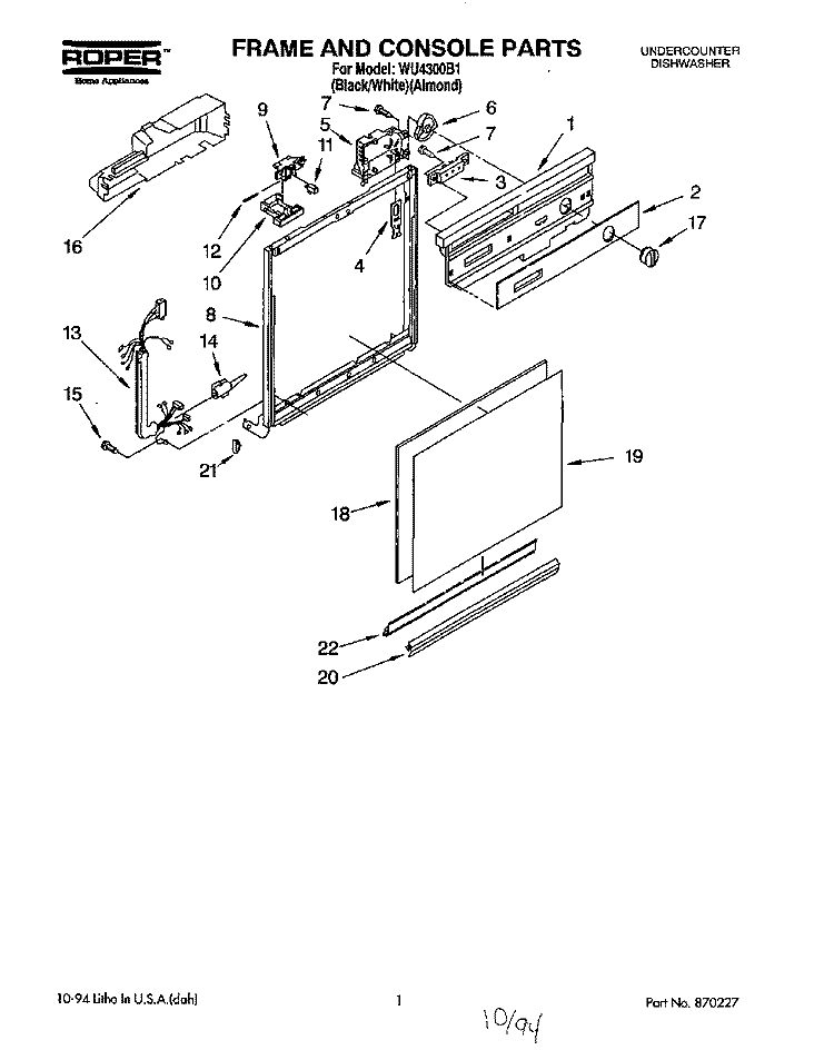 FRAME AND CONSOLE Diagram and Parts List for WU4300B1  Roper Dishwasher