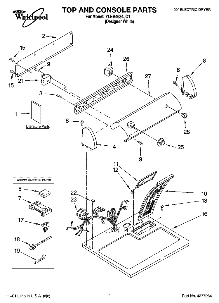 TOP AND CONSOLE PARTS Diagram and Parts List for YLER4634JQ1  Whirlpool Dryer