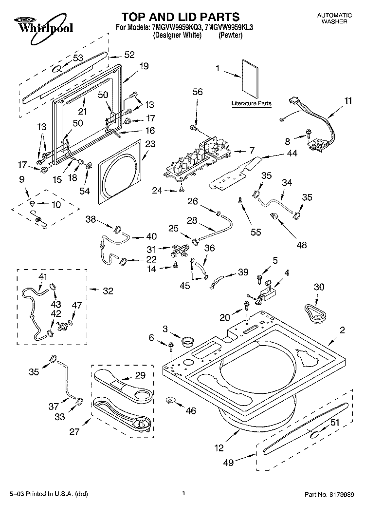 TOP AND LID PARTS Diagram and Parts List for 7MGVW9959KQ3  Whirlpool Washer
